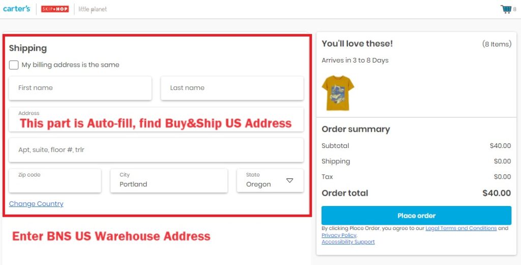 carter's USA Shopping Tutorial 6: enter BNS USA warehouse address
