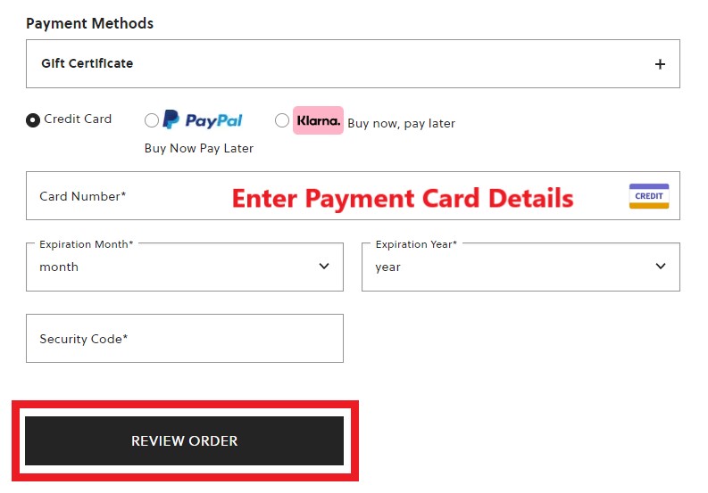 Fossil Canada Shopping Tutorial 8: choose payment method and enter payment details