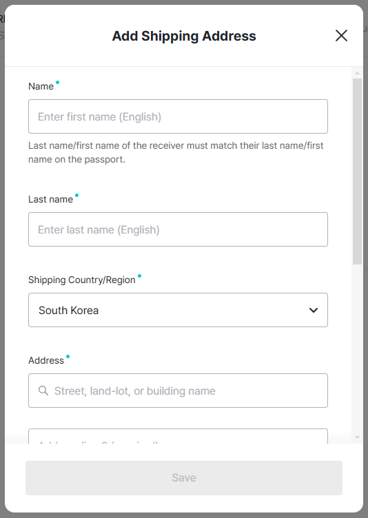 Step 6: Fill in your name with your BNS member ID, BNS Korea warehouse address, and contact number. 